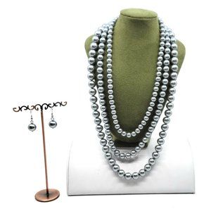Faux Pearl Triple-Strand Necklace with Matching Earrings Set Silver Color